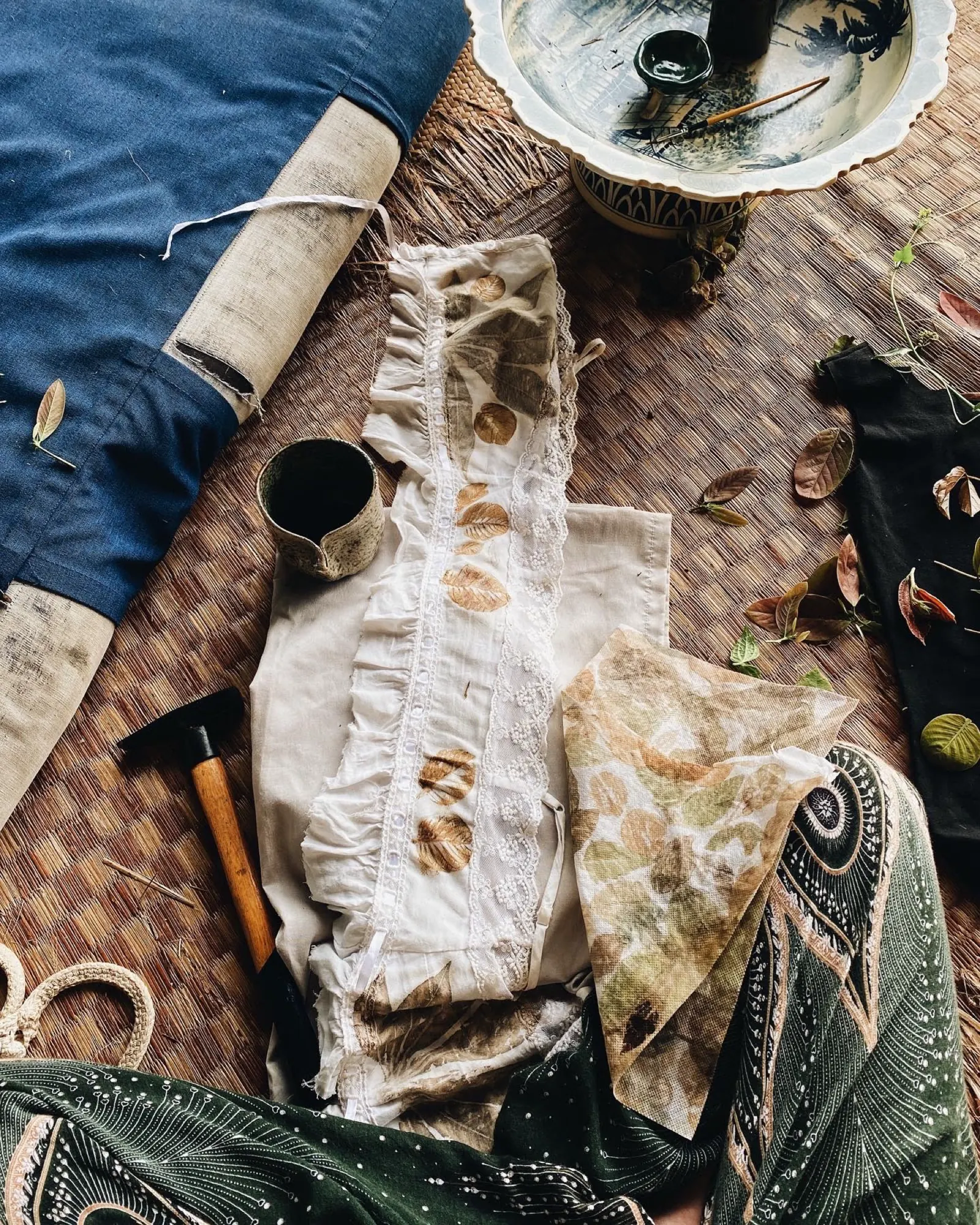 Leaf printed textiles and workshop materials.